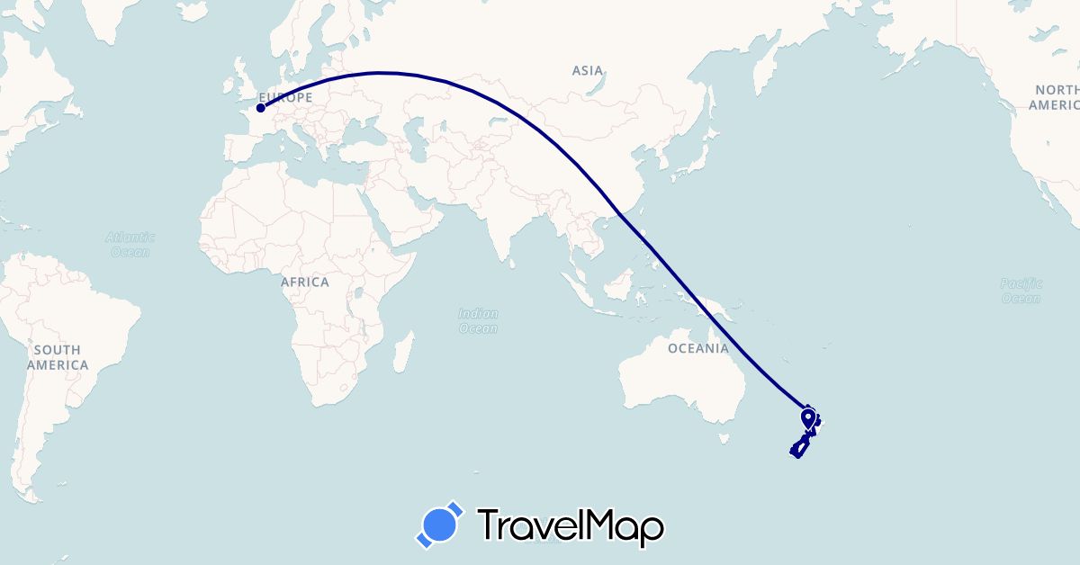 TravelMap itinerary: driving in France, Hong Kong, New Zealand (Asia, Europe, Oceania)